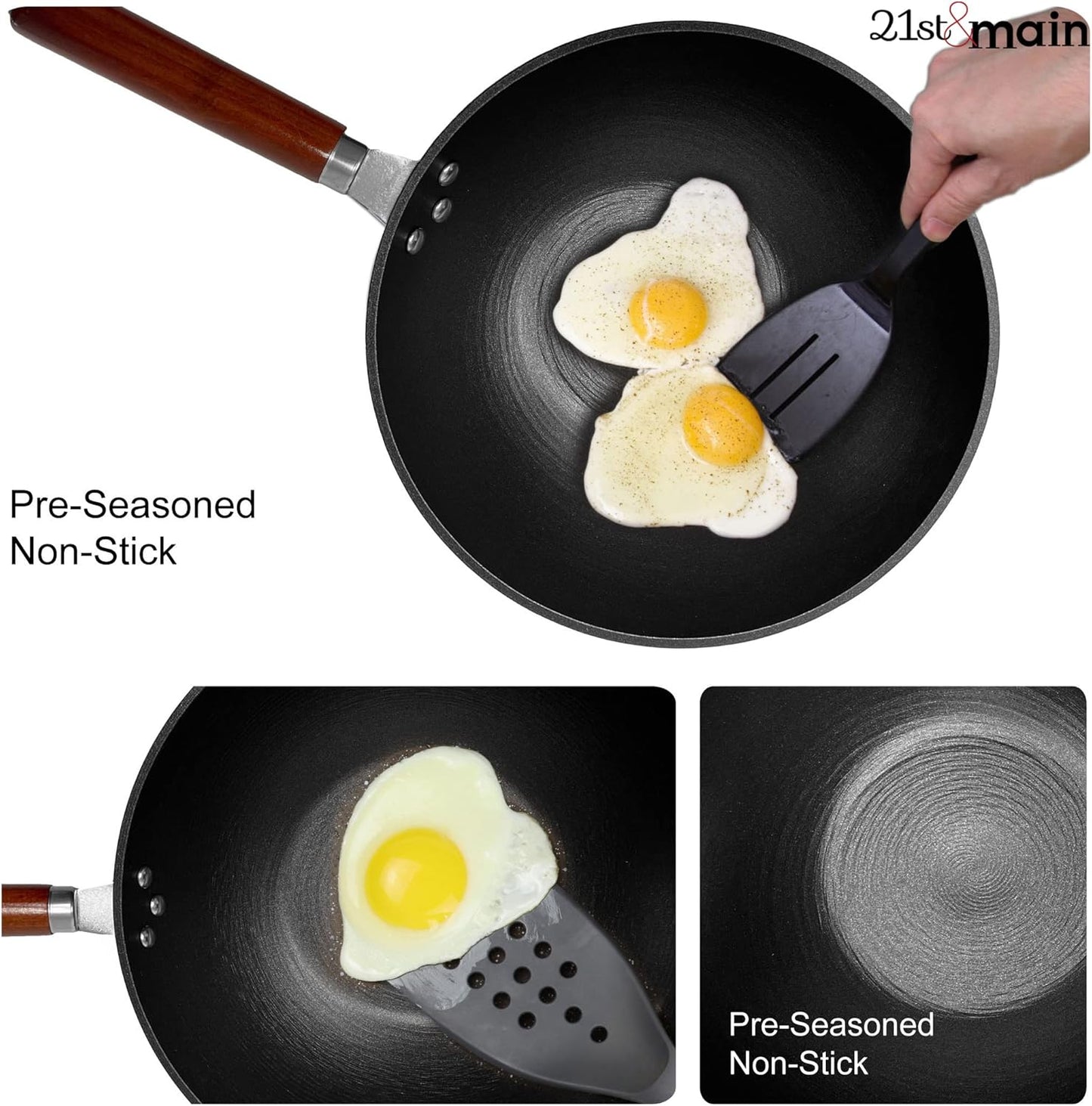 21St & Main Wok, Stir Fry Pan, Wooden Handle, 11 Inch, Lightweight Cast Iron, Chef’S Pan, Pre-Seasoned Nonstick, for Chinese Japanese and Other Cooking