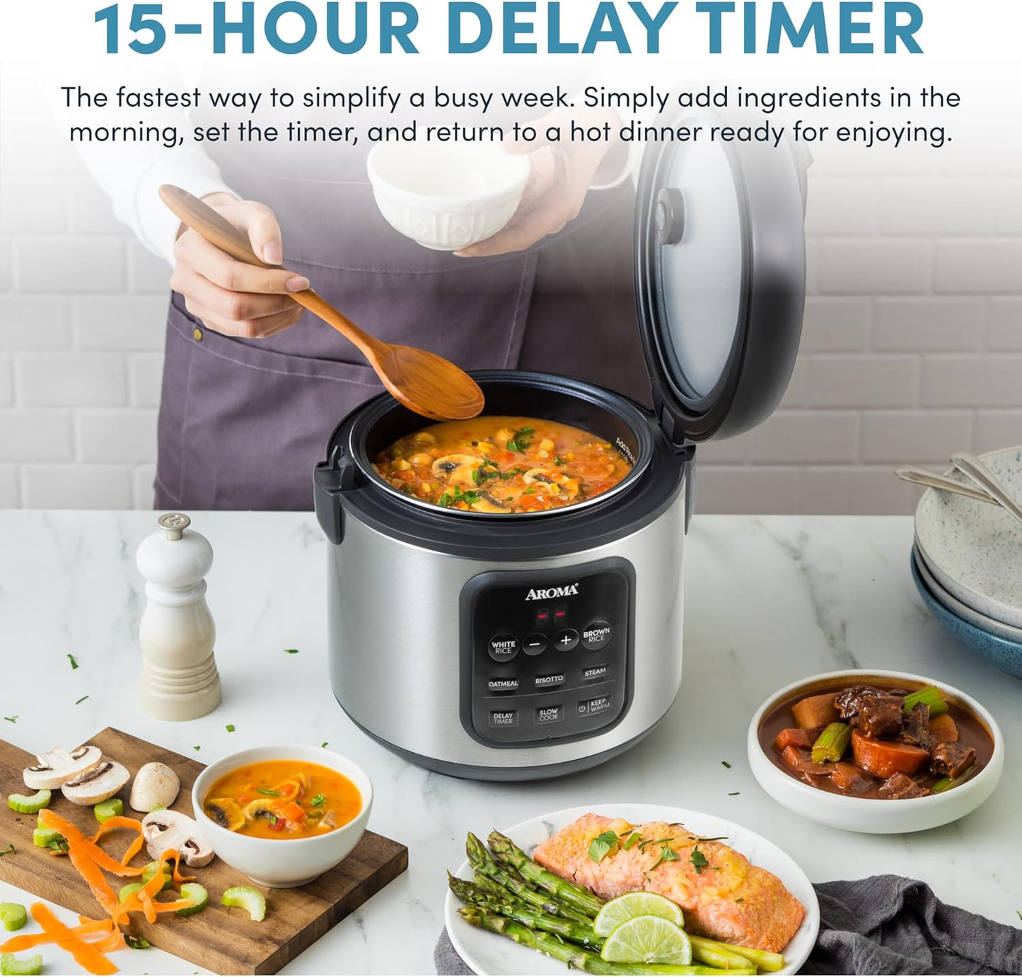 AROMA® Digital Rice Cooker, 4-Cup (Uncooked) / 8-Cup (Cooked), Steamer, Multicooker, Slow Cooker, Oatmeal Cooker, Auto Keep Warm, 2 Qt, Stainless Steel Exterior
