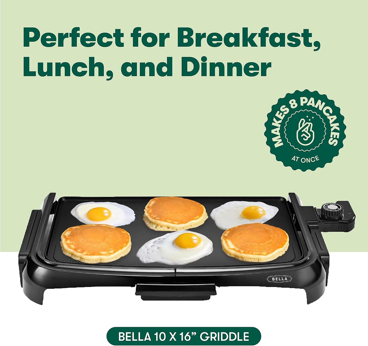 BELLA Electric Griddle with Crumb Tray - Smokeless Indoor Grill, Nonstick Surface, Adjustable Temperature Control Dial & Cool-Touch Handles, 10" X 16", Black