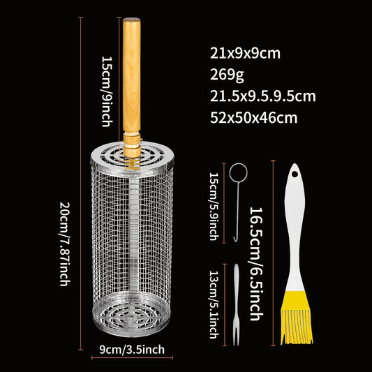 Grill Basket, Stainless Steel Grilling Accessories,Rolling Grill Baskets for Outdoor Grill with Wooden Handle, Practical Grilling Gifts for Men,Bbq Accessories Tool for Vegetable Shrimp, Outdoor Cooking Camping, Birthday Gifts for Men Dad Husband