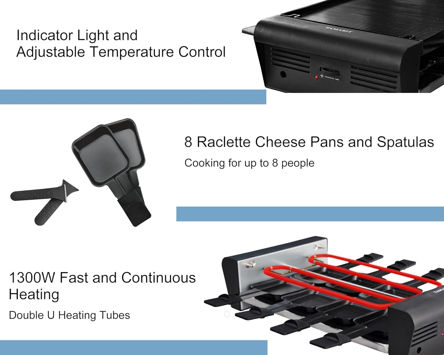 TAMARIT Raclette Table Grill for 8, 2 in 1 Raclette Grill Small Swiss Style Raclette Pfas-No Nonstick Reversible Grill/Griddle Plate Adjustable Temperature Control 1300 W, 8 Raclette Cheese Pans Black