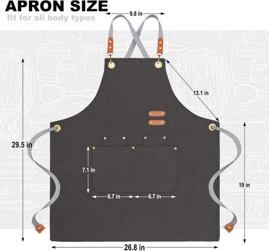 Chef Canvas Apron for Men Women,Cross Back Kitchen Bib Apron with 4 Pockets,For Cooking Hairstylist Work