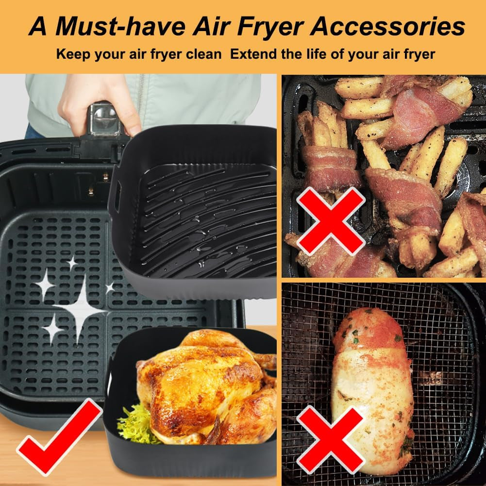BYKITCHEN 9 Inch Square Silicone Air Fryer Liners for 6 to 8QT, Set of 2, Reusable Silicone Airfryer Tray Insert, Air Fryer Accessories for Corsori 6QT, Ninja Airfryer Pro XL 6.5QT, Gourmia & More