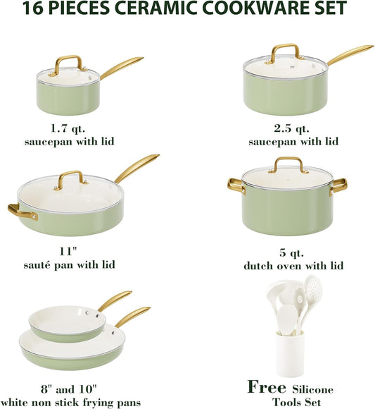 Pots and Pans Set Non Stick - VONIKI Ceramic Cookware Set with Cooking Utensils Set, Non Toxic Kitchen Cookware Sets Dutch Oven Pot with Lid Saucepan Set Sauté Pan Frying Pan Set for Cooking Gifts