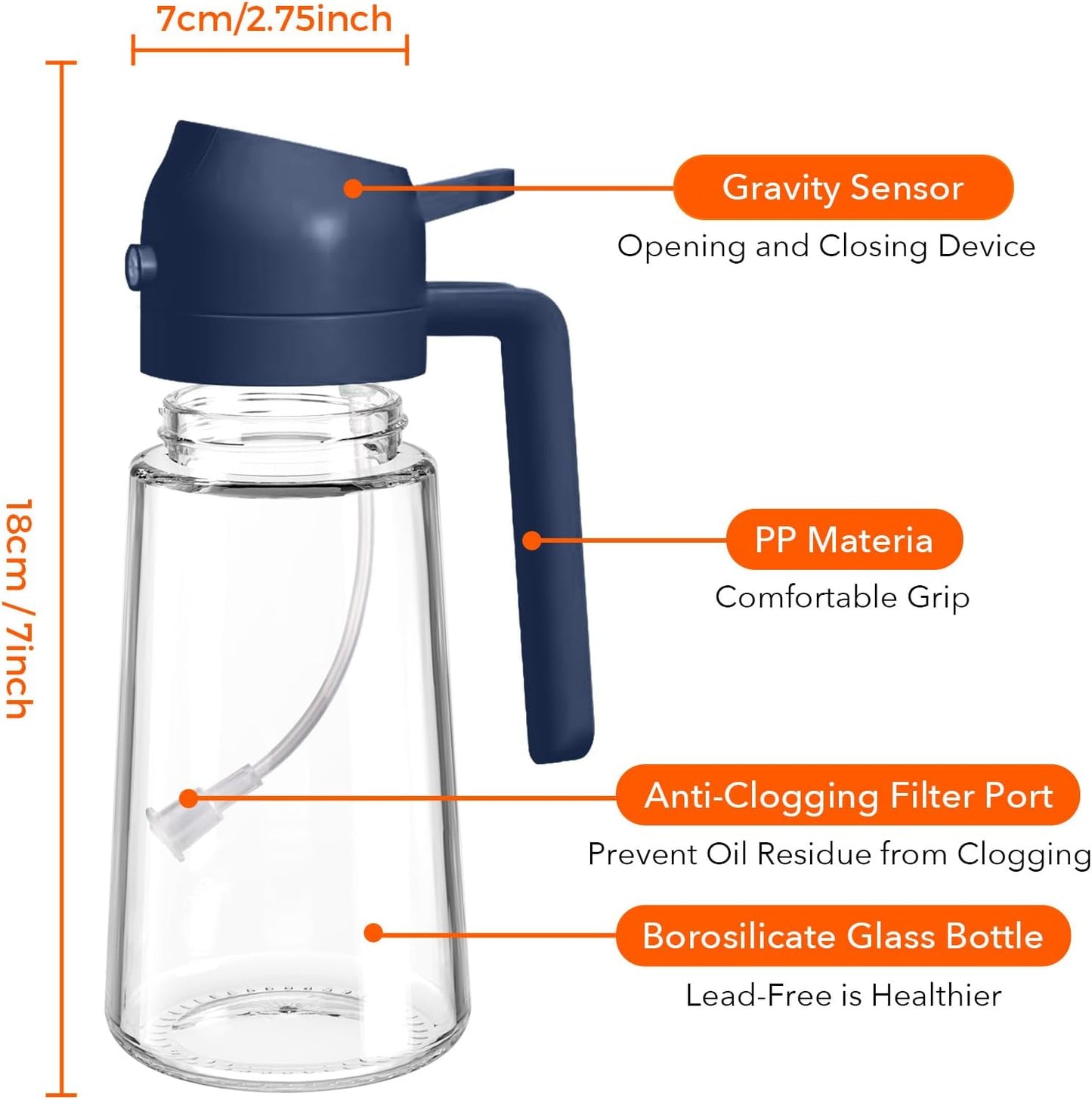 YRRAMATE 16Oz/470Ml Glass Olive Oil Sprayer for Cooking with Stickers, 2 in 1 Oil Dispenser for Kitchen Gadgets, Food Grade Premium Spray Bottle with Portion Control for Salad, BBQ (Navy)
