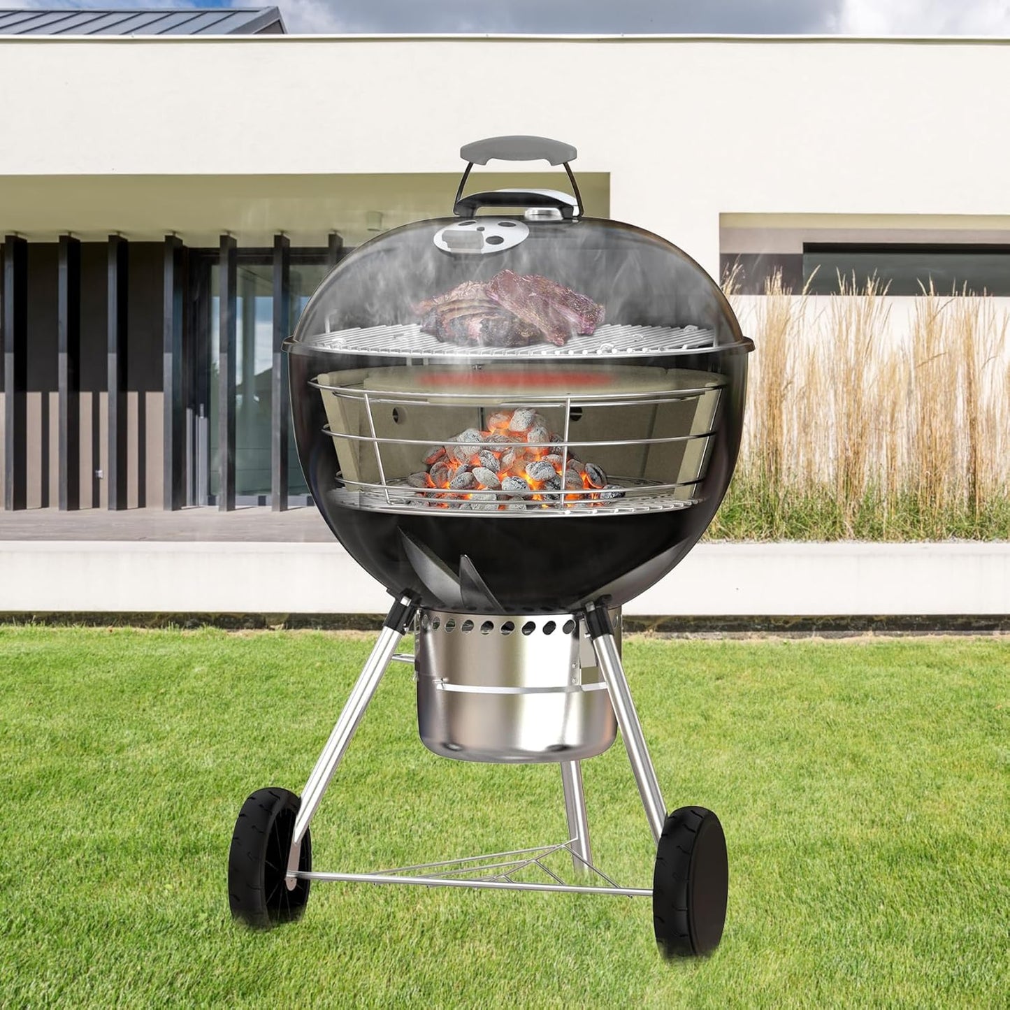 Charkettle Charcoal Firebox Kit, Ceramic Basket with Heat Deflector Compatible with Weber 22-Inch Kettle Charcoal Grills