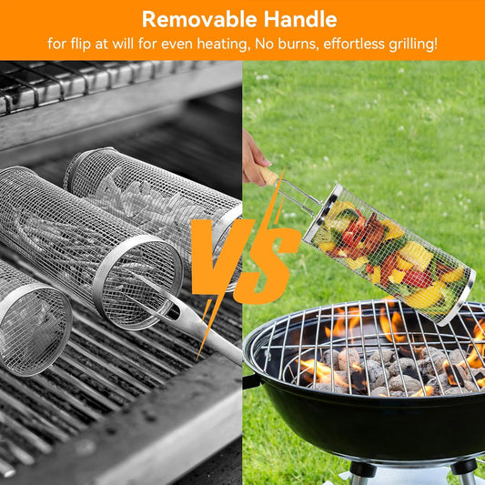 Rolling Grill Baskets for Outdoor,2 PCS BBQ Grilling Basket with Removable Wooden Handle, 5" and 3"Diameter 304 Stainless Steel BBQ Net for Vegetables Seafood Meat, Camping Birthday Gifts for Men Dad Husband