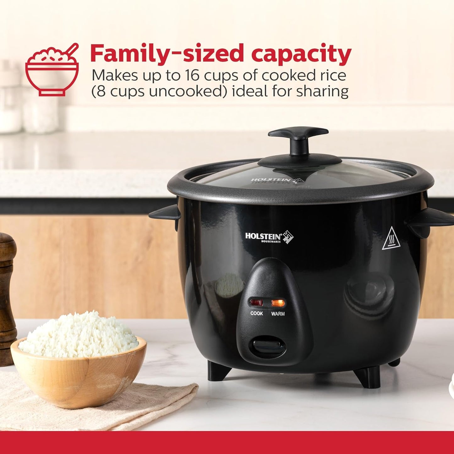 Holstein Housewares 16-Cup Cooked (8-Cup Uncooked) Rice Cooker, Black – One-Touch Operation with Cook & Keep Warm Functions, Perfect for Rice, Quinoa, Oatmeal, Stews & Grains