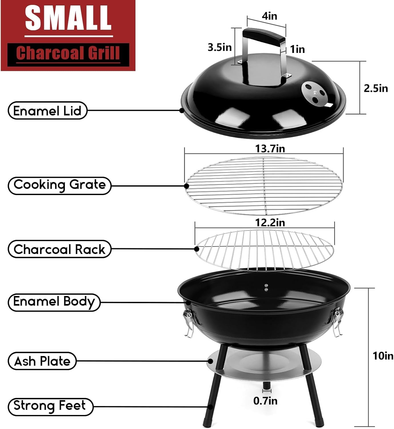Hasteel 14 Inch Charcoal Grill, Small Black Enamel Outdoor BBQ Grill, Mini Flat Top Kettle Barbecue Grill with Screwdriver, Portable for Backyard Garden Camping Cooking Smoking, Dual Venting System