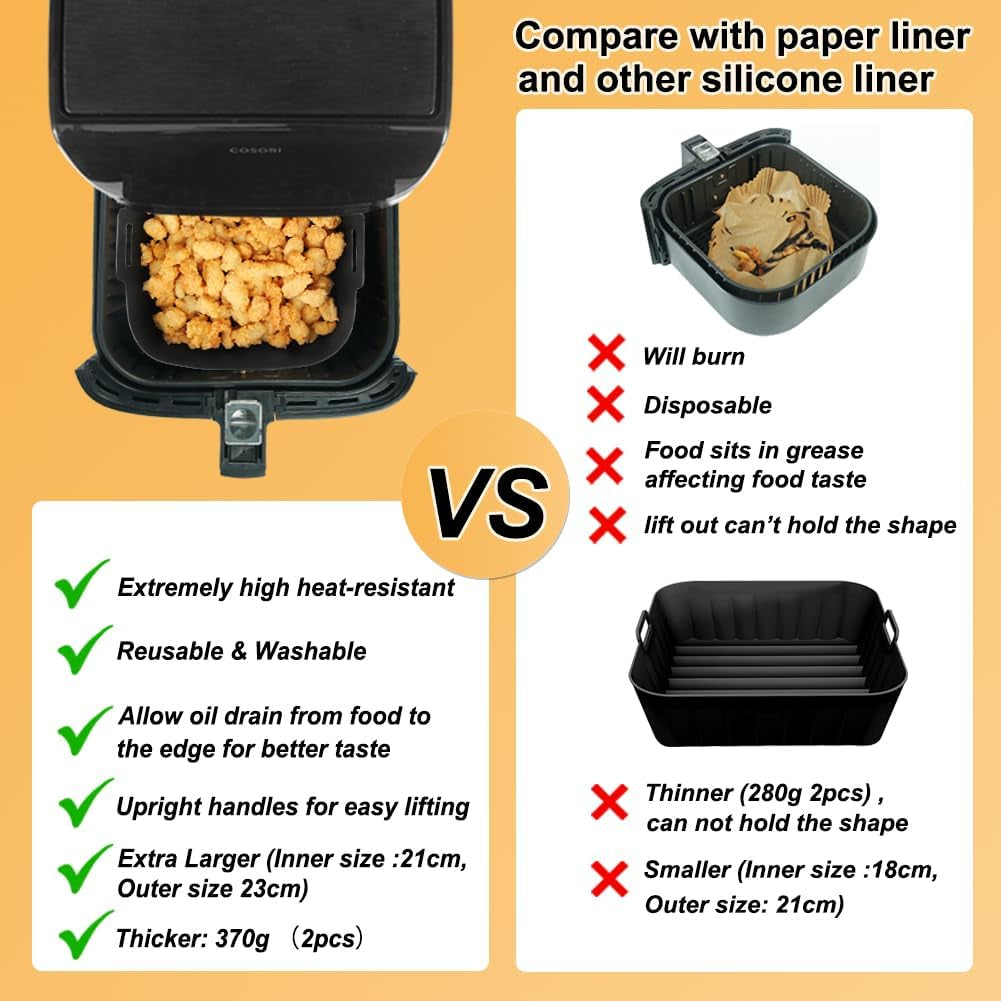 BYKITCHEN 9 Inch Square Silicone Air Fryer Liners for 6 to 8QT, Set of 2, Reusable Silicone Airfryer Tray Insert, Air Fryer Accessories for Corsori 6QT, Ninja Airfryer Pro XL 6.5QT, Gourmia & More