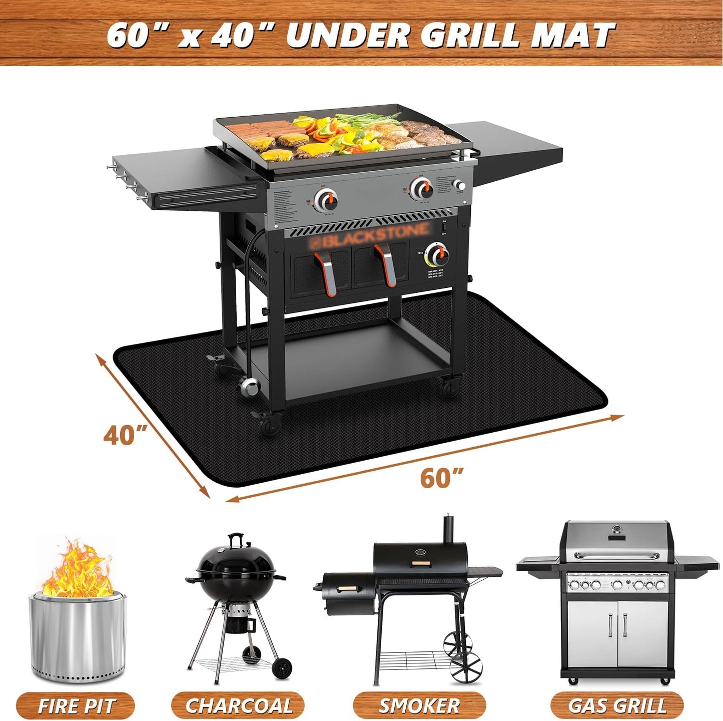 60 X 40 Inch under Grill Mats for Outdoor Grill, Oil and Waterproof, Double-Sided Fireproof Fire Pit Fireplace Outdoor BBQ Mat for Protecting Deck and Lawn