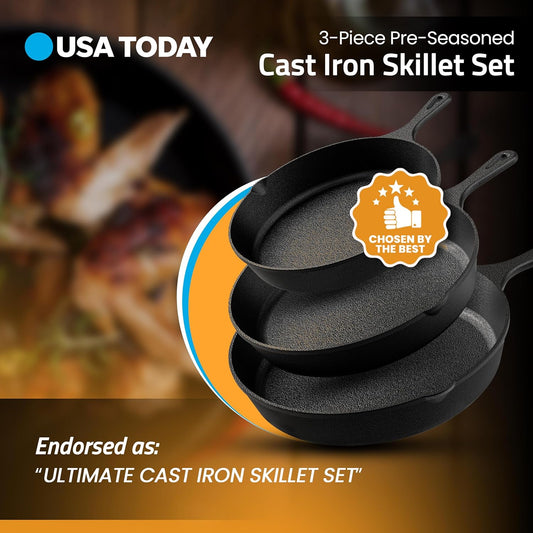 Utopia Kitchen Cast Iron Skillets 3 Piece Set, Chefs Pan, Pre Seasoned Cast Iron Skillets, 6, 8 & 10 Inches, Easy Use in the Oven, Stove, Grill, or Campfire, Black