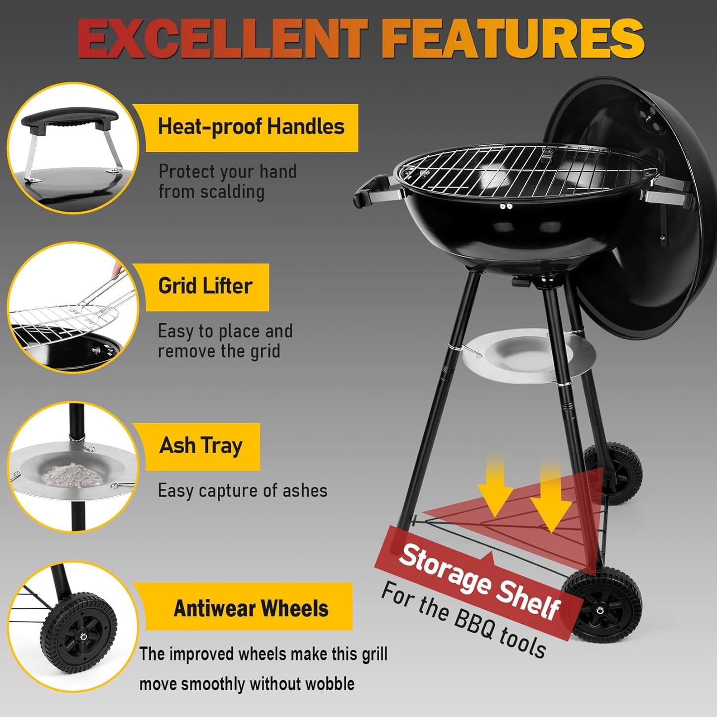 Joyfair Kettle Charcoal Grill (18 Inch), Outdoor Barbecue Grill for Camping/Backyard/Tabletop Grilling, Portable round Smoker with Wheels, Enameled Lid & Fire Bowl, Dual Venting System, Black