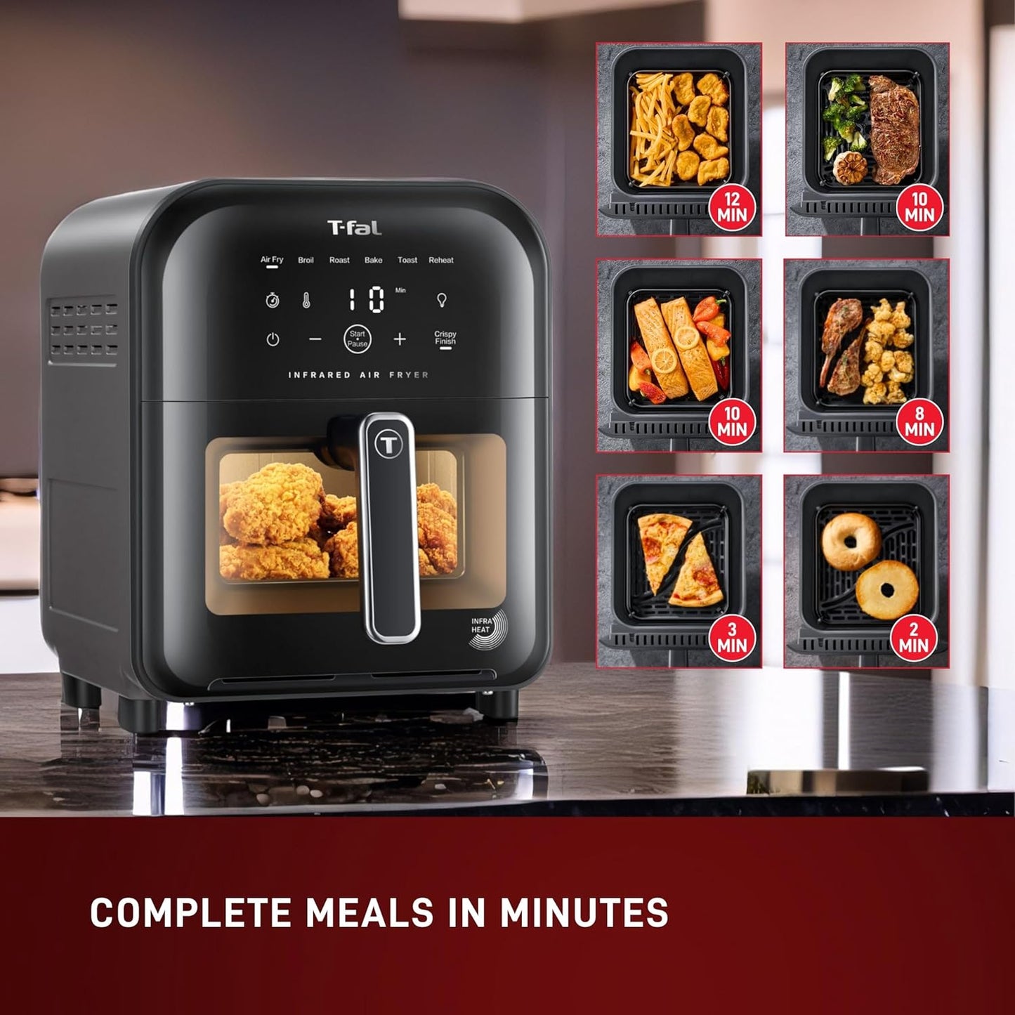 T-Fal Infrared Air Fryer: 6 Qt Digital Touch Screen, 7-In-1 Cooking Functions, 45-Seconds to Reach 750°F on Carbon Fiber Heater Surface, No-Shake Technology, Crispy Finish, 1550W, Black