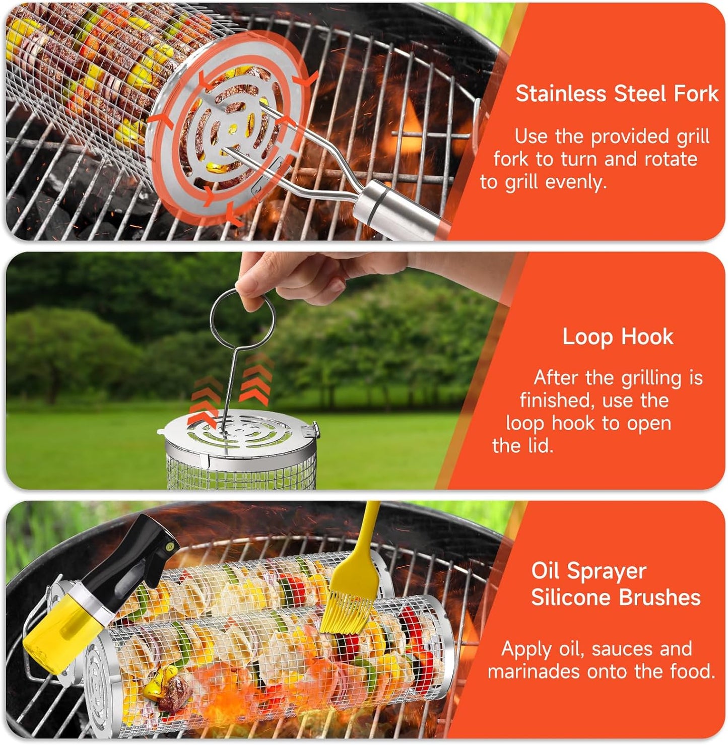BBQ Basket 2 PCS, Stainless Steel Rolling Grill Mesh for Fish, Shrimp, Meat, Vegetables, Fries - Portable Barbeque Accessories for Outdoor Grilling