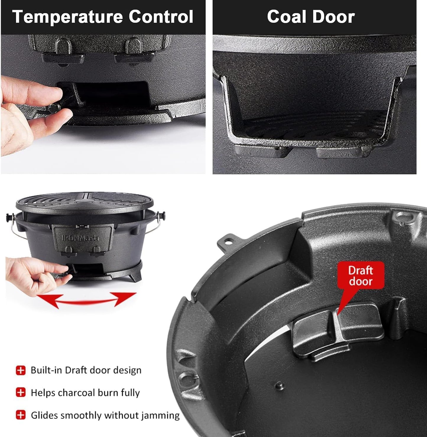 Ironmaster Hibachi Grill Outdoor, 100% Cast Iron Grill, Mini Small Portable Charcoal Grill for Outdoor Camping Stove - 2 Heights, Air Control, Coal Door