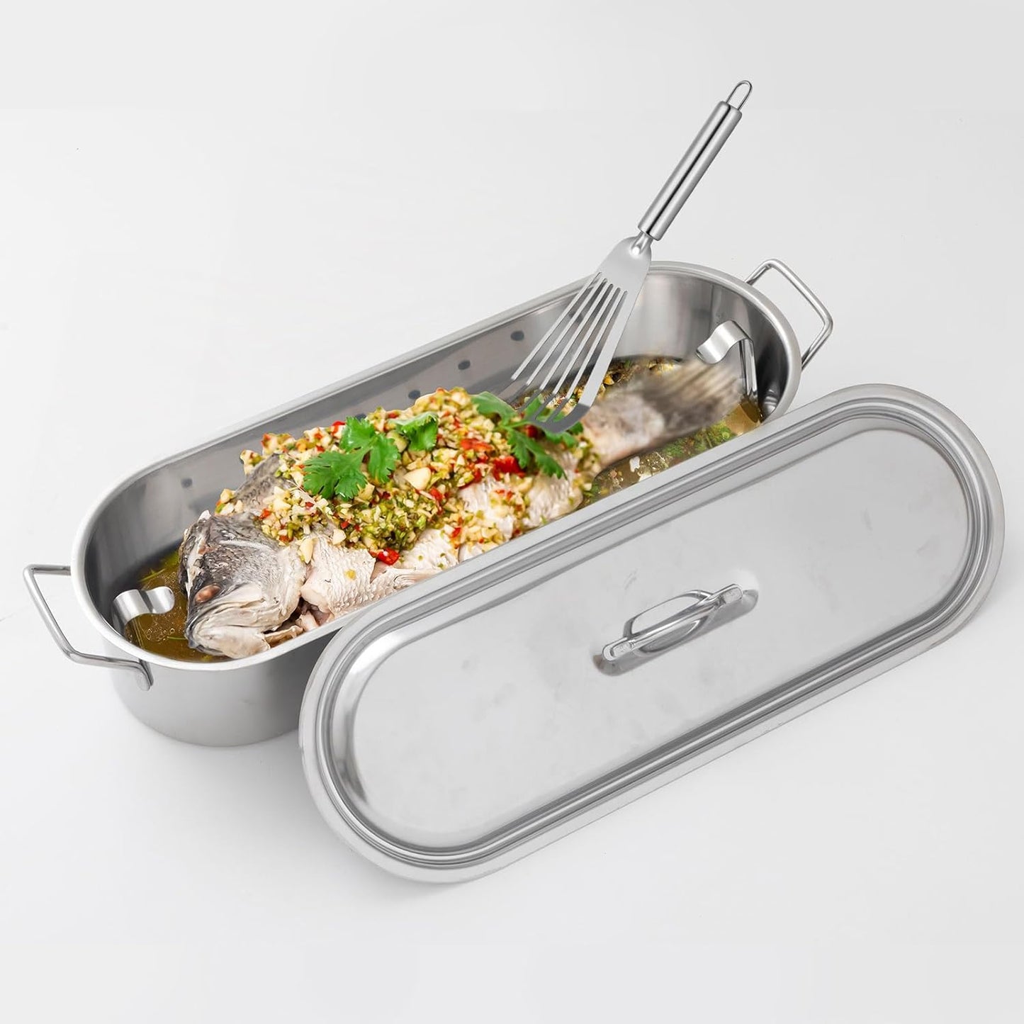 Maxdot 2 Pcs Stainless Steel Endurance Collection Fish Poaching Set, 20 Inch Removable Fish Poacher Rack with Stainless Steel Kitchen Spatula for Cooking, Flipping, Turning, Frying and Grilling