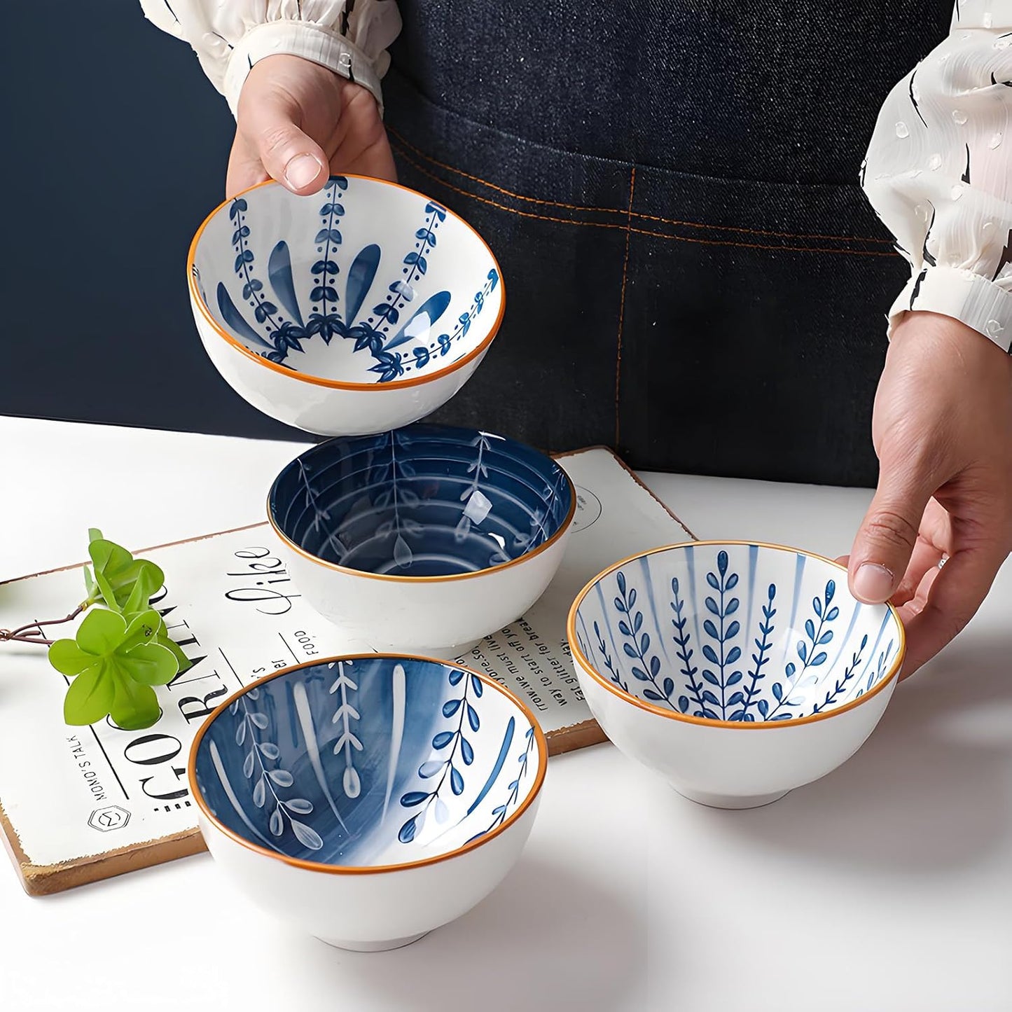 Ceramic Plates and Bowls Set, Japanese Style Dinnerware Set with Gift Box - Blue and White - 4 Rice Bowls and 2 Pasta Bowls - Kitchen Gifts for Women