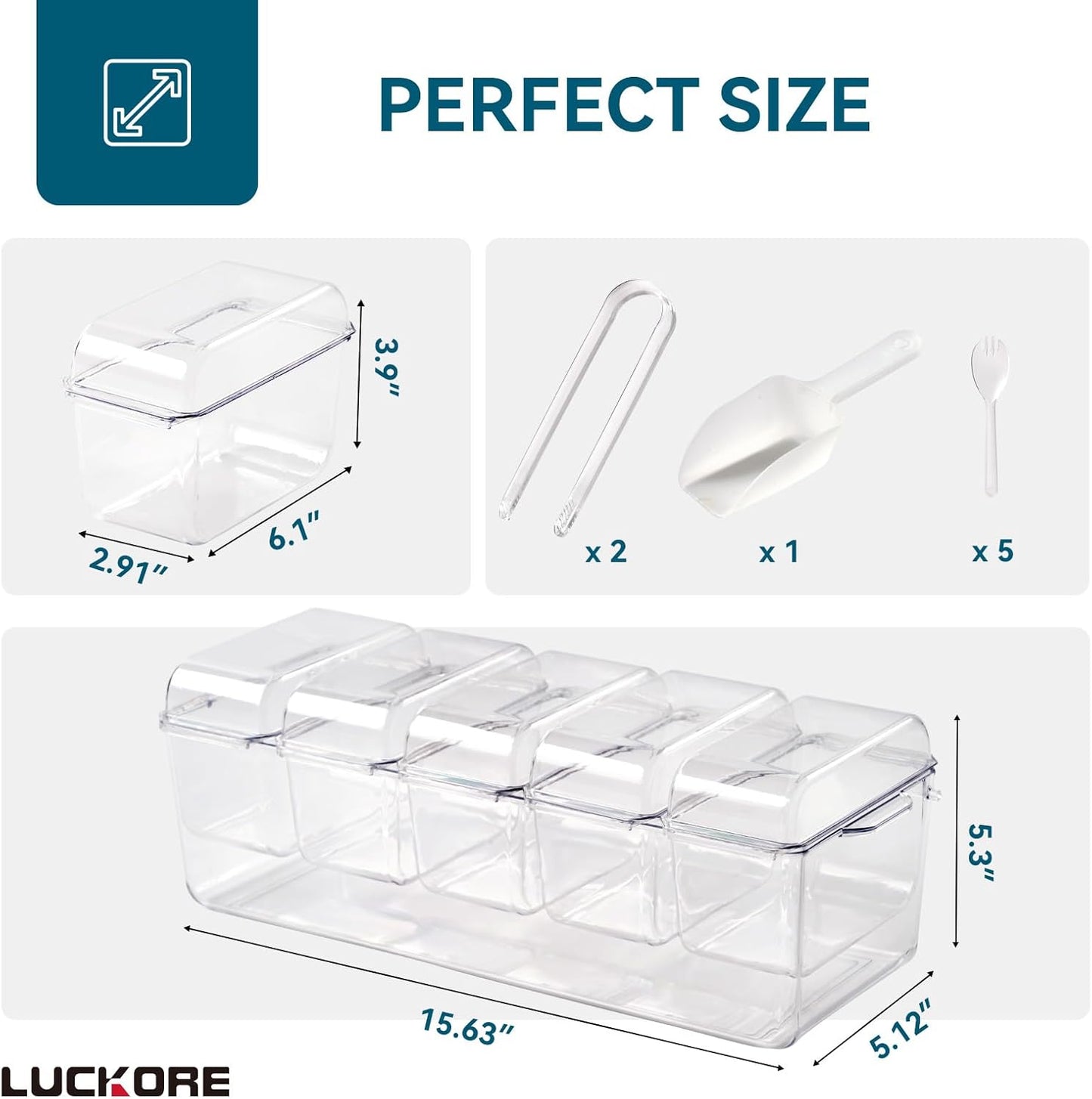 Chilled Condiment Tray Server with 5 Containers and Removable Compartments, Large Ice Chilled Condiment Organizer, Clear Garnish Serving Platter for Fruit, Salad, Food, Bar Accessories