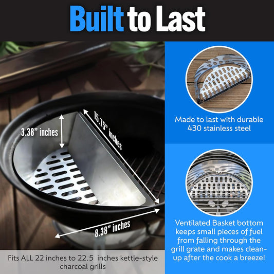 Sns Grills Slow ‘N Sear Charcoal Inserts for Low ‘N Slow & High-Heat Cooking - Patented Stainless Steel Accessories for Kettle Grills - Charcoal Basket 18"