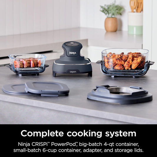 Ninja Crispi 4-In-1 Portable Glass Air Fryer Cooking System, 1500W, 4QT & 6-Cup Tempware Glass Containers with Storage Lids, Microwave, Freezer & Dishwasher Safe, Cyberspace Gray, FN101GY
