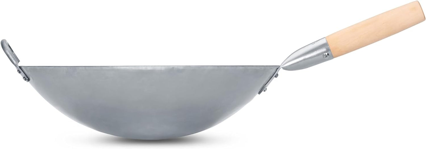 Craft Wok Traditional Hand Hammered Chinese Carbon Steel Wok with Wooden and Steel Helper Handle (14 Inch, round Bottom Pow Wok Pan) / 731W88