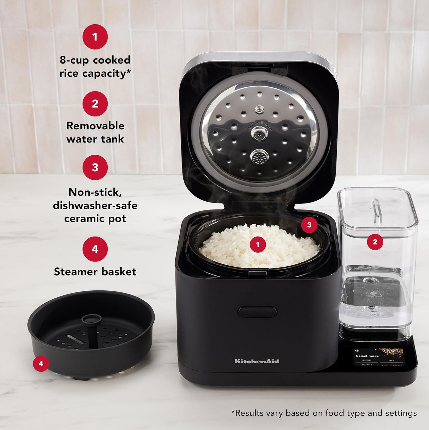 Kitchenaid Grain and Rice Cooker 8 Cup with Automatically Sensing Integrated Scale + Water Tank, KGC3155BM