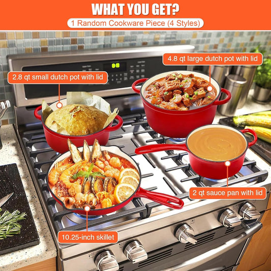 Mystery Cookware Box, 1 Piece Random Nonstick Enameled Cast Iron Pan/Pot (4 Styles: 10.25" Skillet/2Qt Saucepan/2.8Qt/4.8Qt Dutch Oven) – Healthy round Pot for Sourdough Bread Baking on All Stovetops