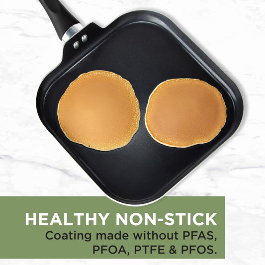 Ecolution Artistry Nonstick Square Griddle, Easy to Clean, Comfortable Handle, Even Heating, Dishwasher Safe Pots and Pans, 11-Inch, Black
