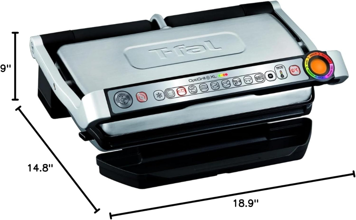 T-Fal Optigrill Stainless Steel XL Electric Grill 6 Servings 9 Intelligent Automatic Cooking Modes 1800 Watts Nonstick Removable Plates, Dishwasher Safe, Indoor, Frozen Food
