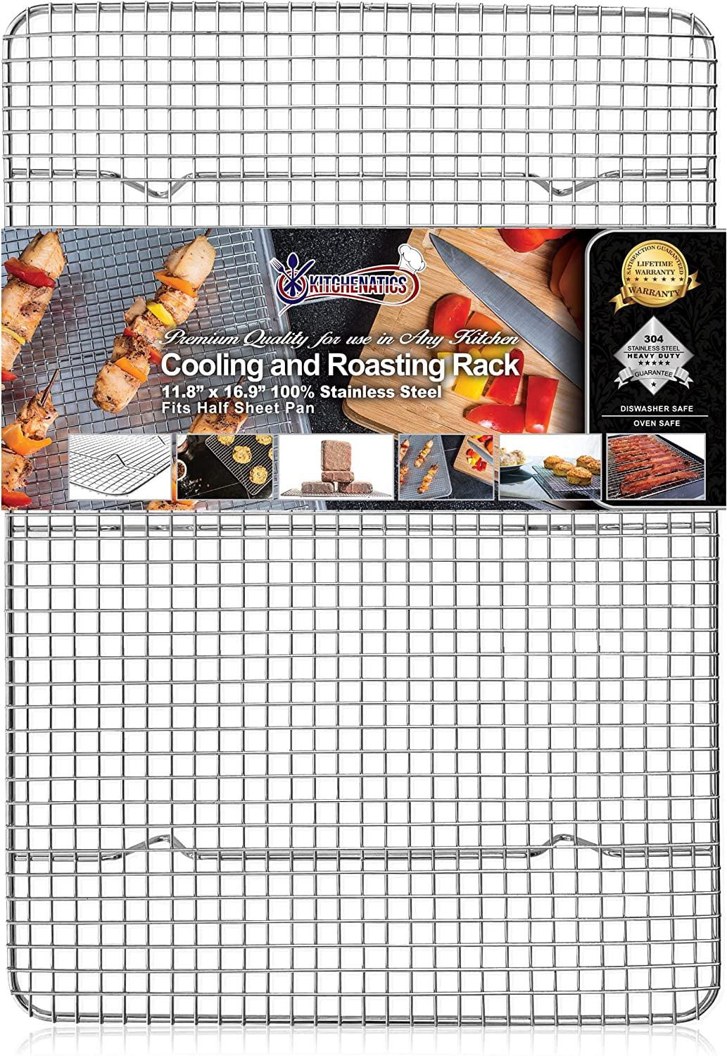 KITCHENATICS Half Sheet Cooling Rack for Cooking and Baking, Stainless Steel Baking Rack & Wire Rack, Bacon Grill Rack for Oven, Heavy-Duty Wire Cookie Cooling Rack Fits Half Sheet Pan - 11.8 X 16.9