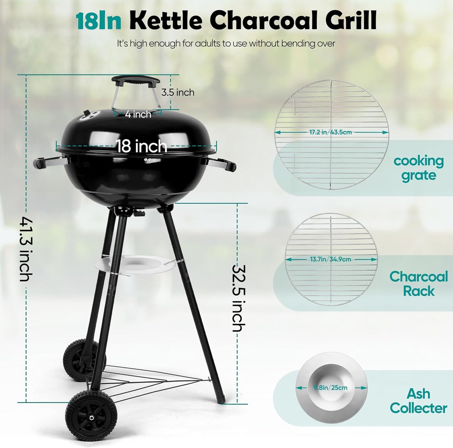 Hasteel 18 Inch Charcoal Grill, Black Kettle Outdoor Barbecue Grill, 2-In-1 Portable BBQ Grill with Wheels for Camping Backyard Patio Picnic, Porcelain-Enameled Lid & Fire Bowl, 254.SQ.IN Cooking Area