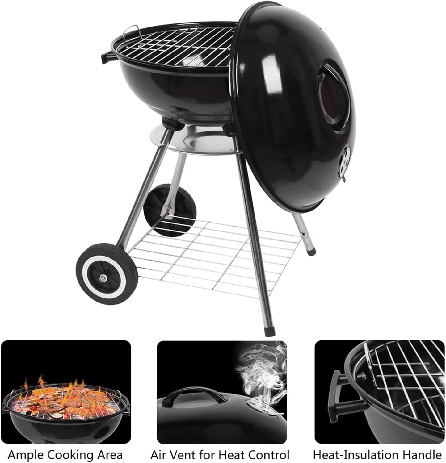 18“ Charcoal Grill with Wheels for Outdoor Cooking Barbecue Camping BBQ Coal Kettle Grill Tailgating Portable Heavy Duty round with Thickened Grilling Bowl Wheels, Black