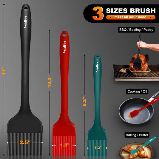 Walfos 3 Size Basting Brush (Extra Large, Large and Small), Silicone Pastry Brushes for Barbecue, Baking, Desserts, Cooking Brush for Kitchen - Strong Stainless Steel Core