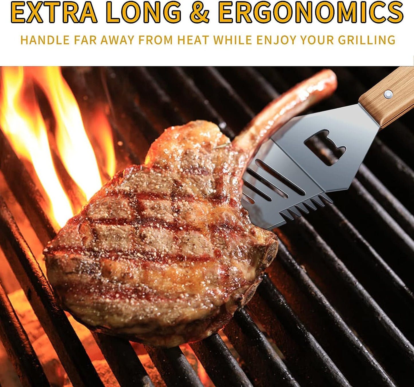 Qinshaine 4-In-1 BBQ Spatula, Multifunction Grill Spatula with Wooden Handle, Perfect for BBQ Grills and Kebabs for Camping Picnics