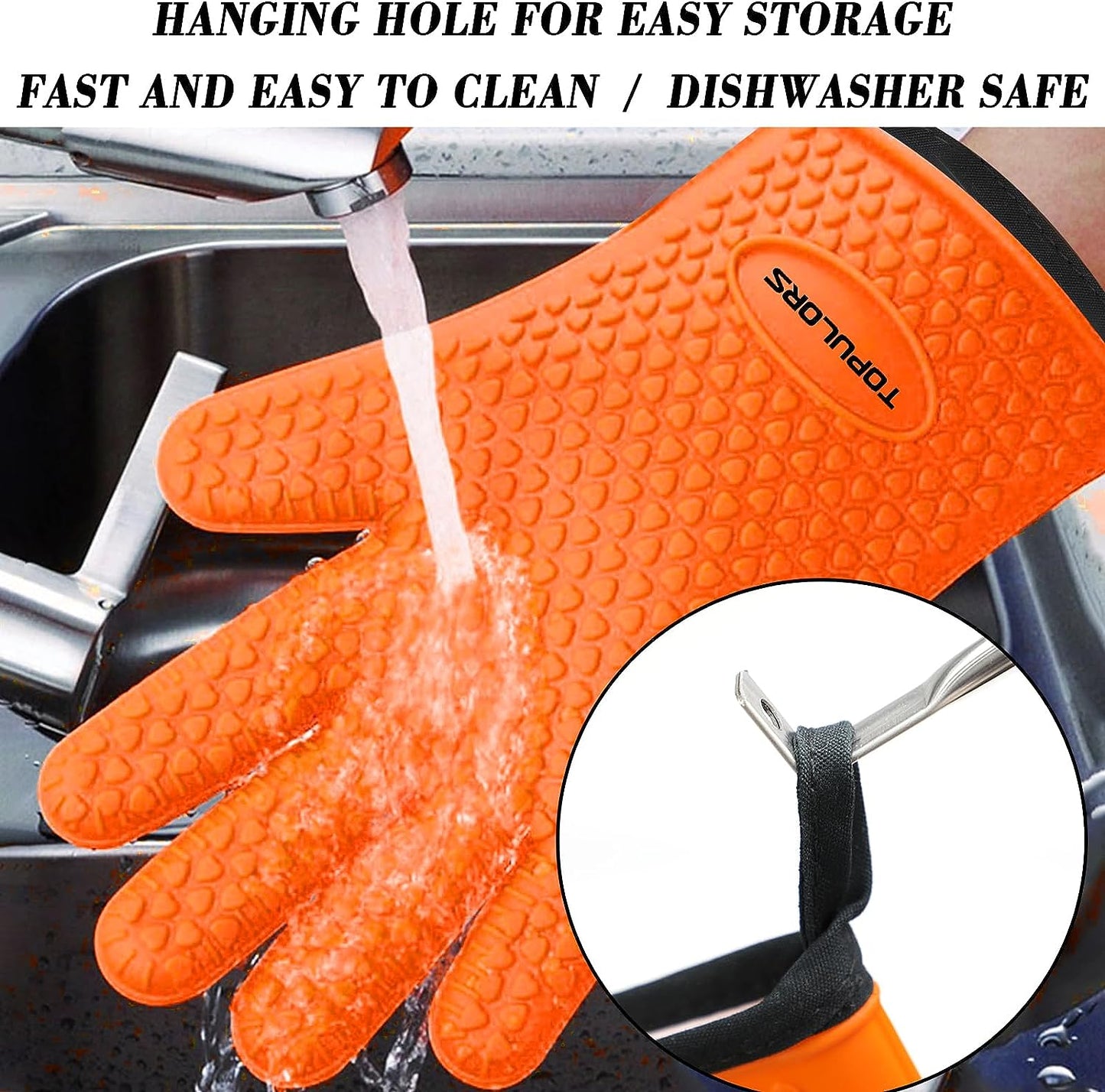 Silicone Gloves Oven Mitts Heat Resistant BBQ Smoker Grill Gloves Handle Hot Food Pulled Pork Gloves for Cooking Baking Grilling Barbecue Potholder Five Finger Gloves with Inner Cotton Layer - Orange
