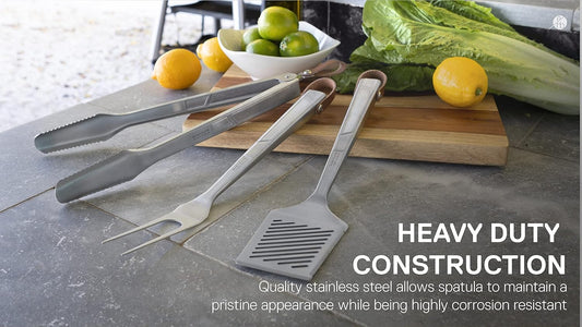 Everdure BBQ Tool Kit - 3 Pack, Brushed Stainless Steel Tongs, Spatula and Fork with Soft Grip Handles and Leather Straps, Barbeque Grill Accessories and Cooking Utensils Set