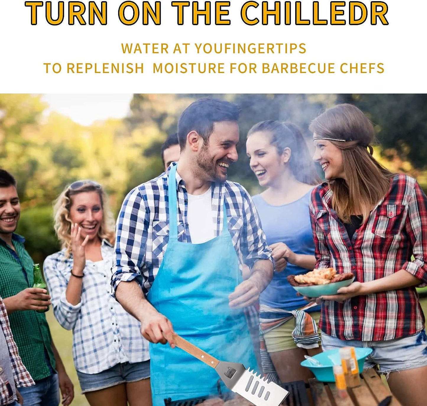Qinshaine 4-In-1 BBQ Spatula, Multifunction Grill Spatula with Wooden Handle, Perfect for BBQ Grills and Kebabs for Camping Picnics