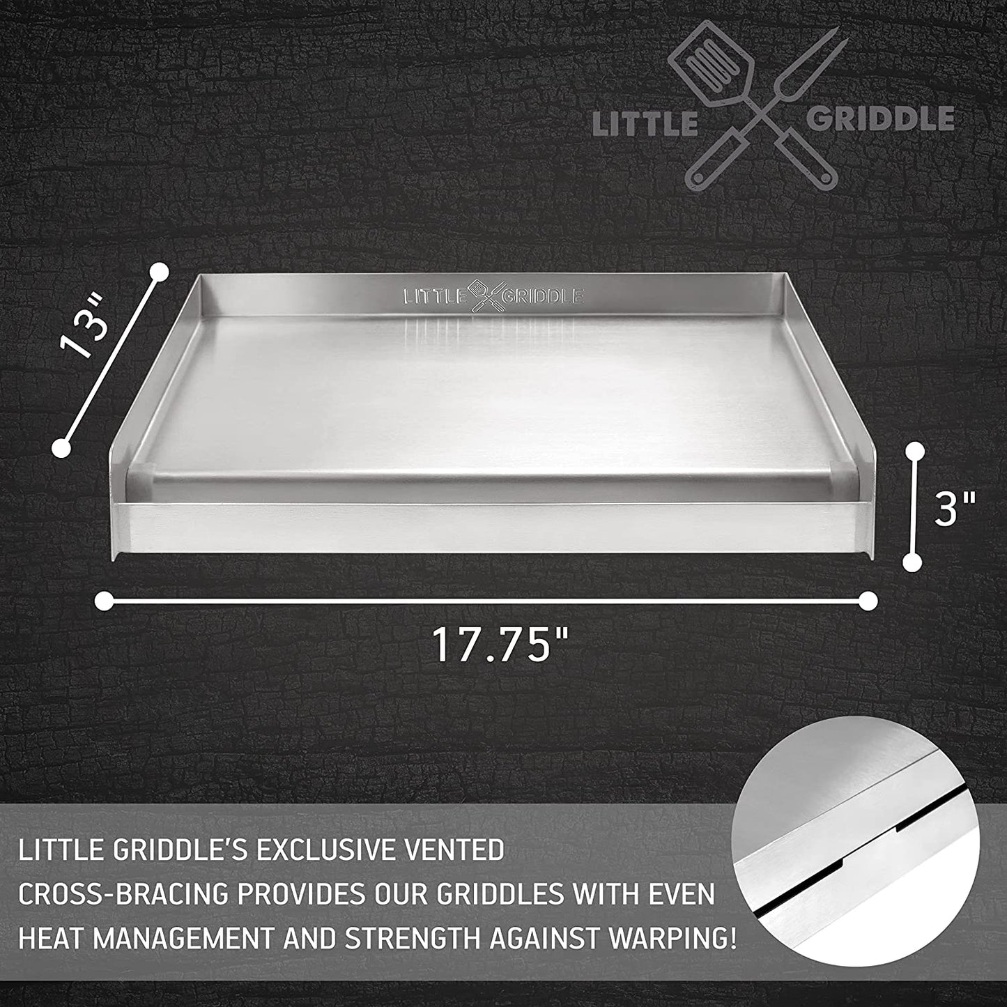 Sizzle-Q SQ180 100% Stainless Steel Universal Griddle with Even Heating Cross Bracing for Charcoal/Gas Grills, Camping, Tailgating, and Parties (18"X13"X3")