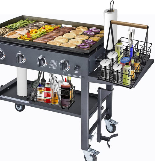 Picnic Caddy and Grill Utensil Caddy,Condiment Caddy, Grill-Caddy,Adjustable Compartment Storage,With 3 Hooks,Sturdy Thick,Easy Carry,Quick Assemble Grill Accessories Storage-Black