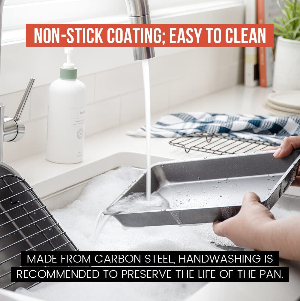 Chef Pomodoro Nonstick Carbon Steel Small Roasting Pan with Rack, Roasting Pan for Countertop Oven Baking, Single Serving, Grey (Mini)