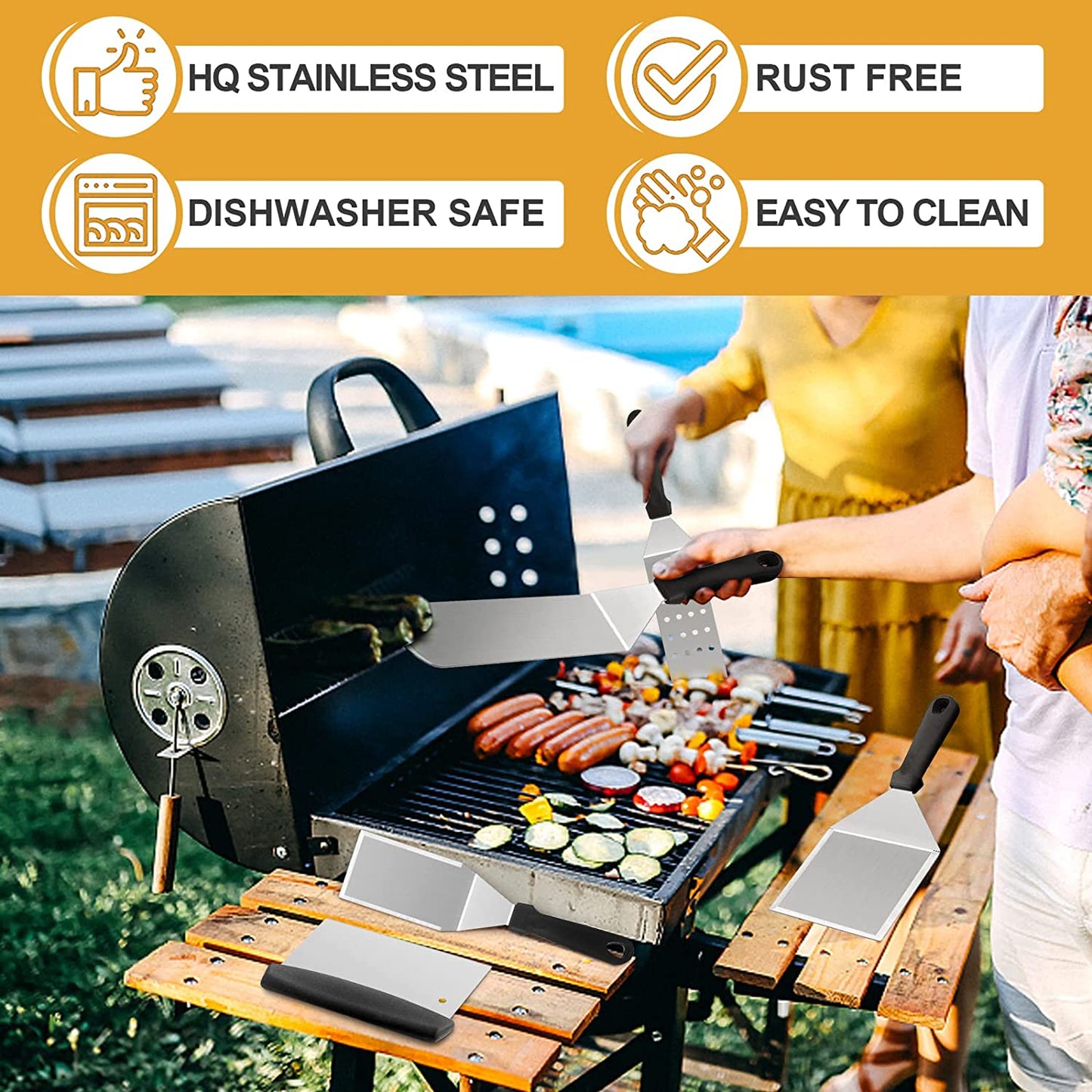 Griddle Accessories Kit of 5, Hasteel Heavy Duty Metal Spatula, Professional Stainless Steel Flat Top Griddle Tools Set, Pancake Flipper/Griddle Scraper/Hamburger Turner for BBQ Grilling Cast Iron