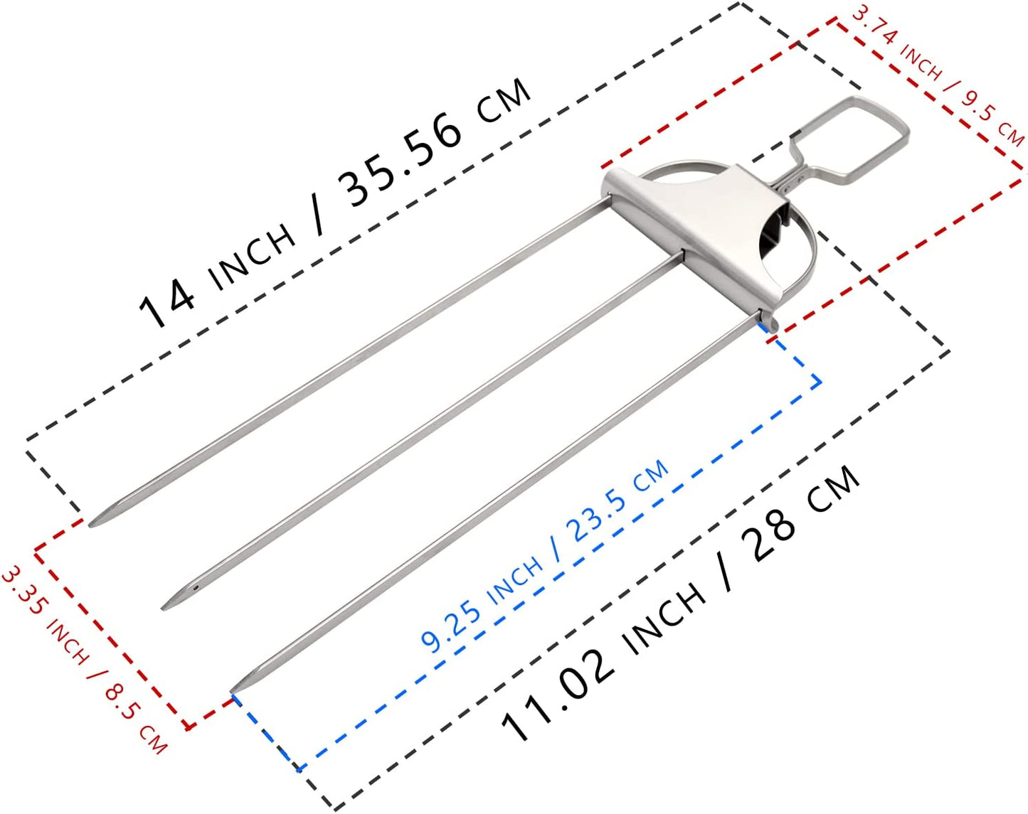 Anyuecoco Skewers for Kabobs,14 Inch 3-Prong Kabob Skewers for Grilling,Stainless Steel Skewer,With Push Bar Reusable Metal Skewer,Kabob Sticks,Perfect for Meat,Chicken,Sausages,Veggies,Shrimp (2 Pcs)