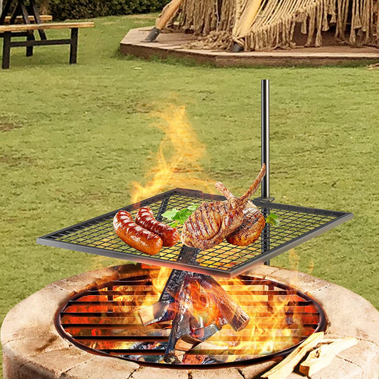 Swivel Grill, Heavy Duty Steel Campfire Grill,Single Layer Open Fire Grill, 24" X 24" Campfire Swivel Grill with Heat Dissipation Handle, Campfire Grill Stake for Outdoor Open Flame Cooking