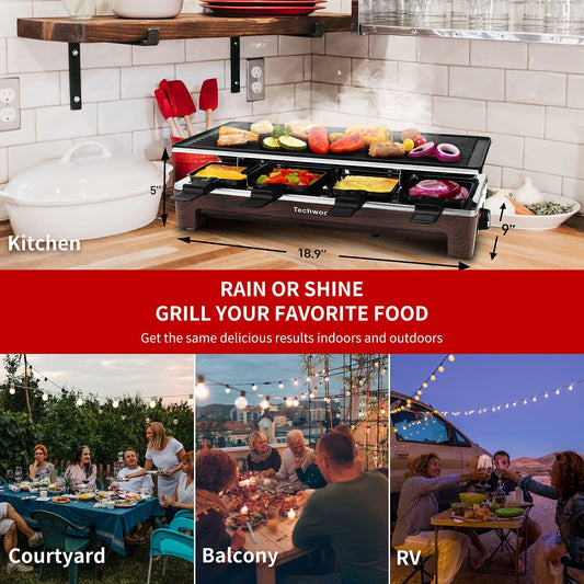 Raclette Grill, Electric Table Indoor Grill Korean BBQ Grill, Removable 2-In-1 Non-Stick Grill Plate, 1500W Fast Heating with 8 Cheese Melt Pans, Ideal for Parties and Family Fun (Wood Grain)