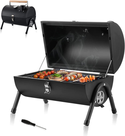 Portable Charcoal Grill, Hasteel Small Folding Outdoor Grill, Mini Black Barbecue Grill with Thermometer, Compact Tabletop BBQ Grill for Camping Picnic Backyard Patio, 116 Square Inches & Screwdriver