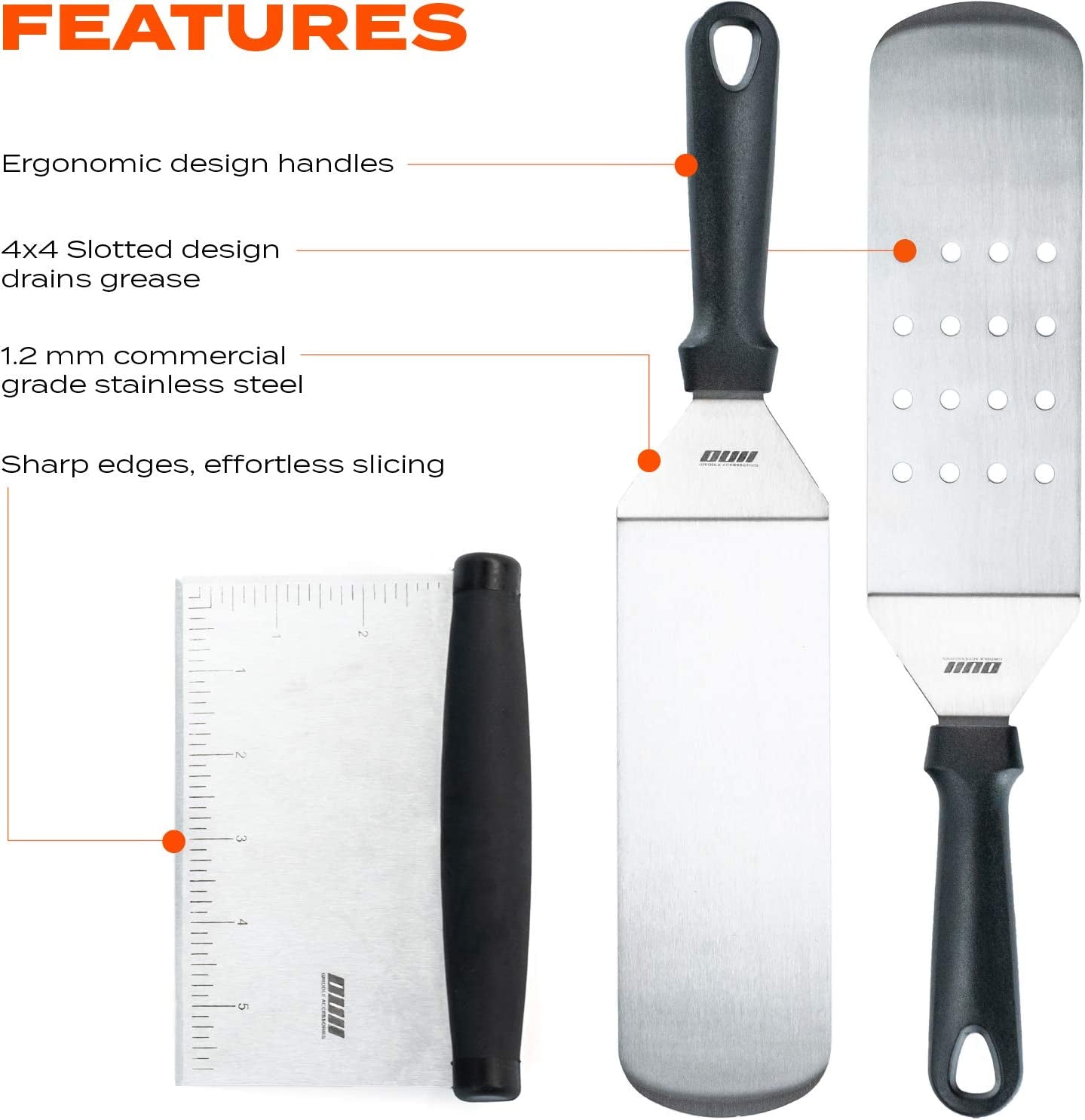 OUII Flat Top Griddle Accessories for Blackstone and Camp Chef Griddle - 9 Pieces Set with Griddle Cleaning Kit and Carry Bag! Metal Spatula, Scraper for Hibachi and Teppanyaki Grill