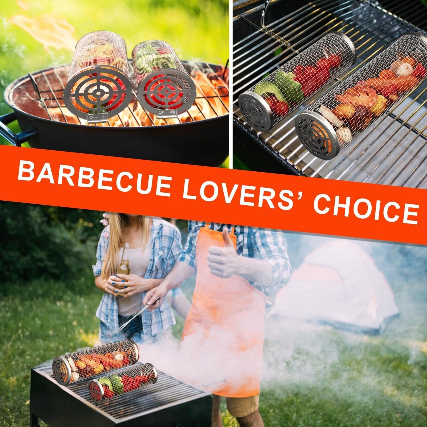 Feniola Rolling Grilling Basket - 2 PCS round Stainless Steel Grill Net for Outdoor Grill for Vegetables, Meat - BBQ Accessories Included