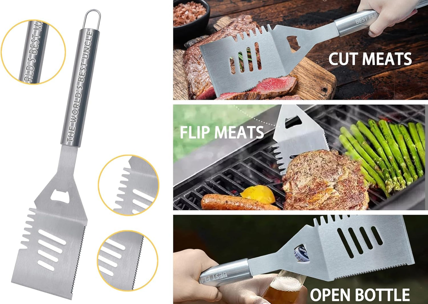 Uncle Gifts, Christmas Grilling Uncle Gifts, Birthday Gifts for Men Personalized, Uncle Gift from Niece Nephew, Unique Grilling Gift for Men Who Have Everything, Stainless Steel Heavy Duty Set 3 & Bag