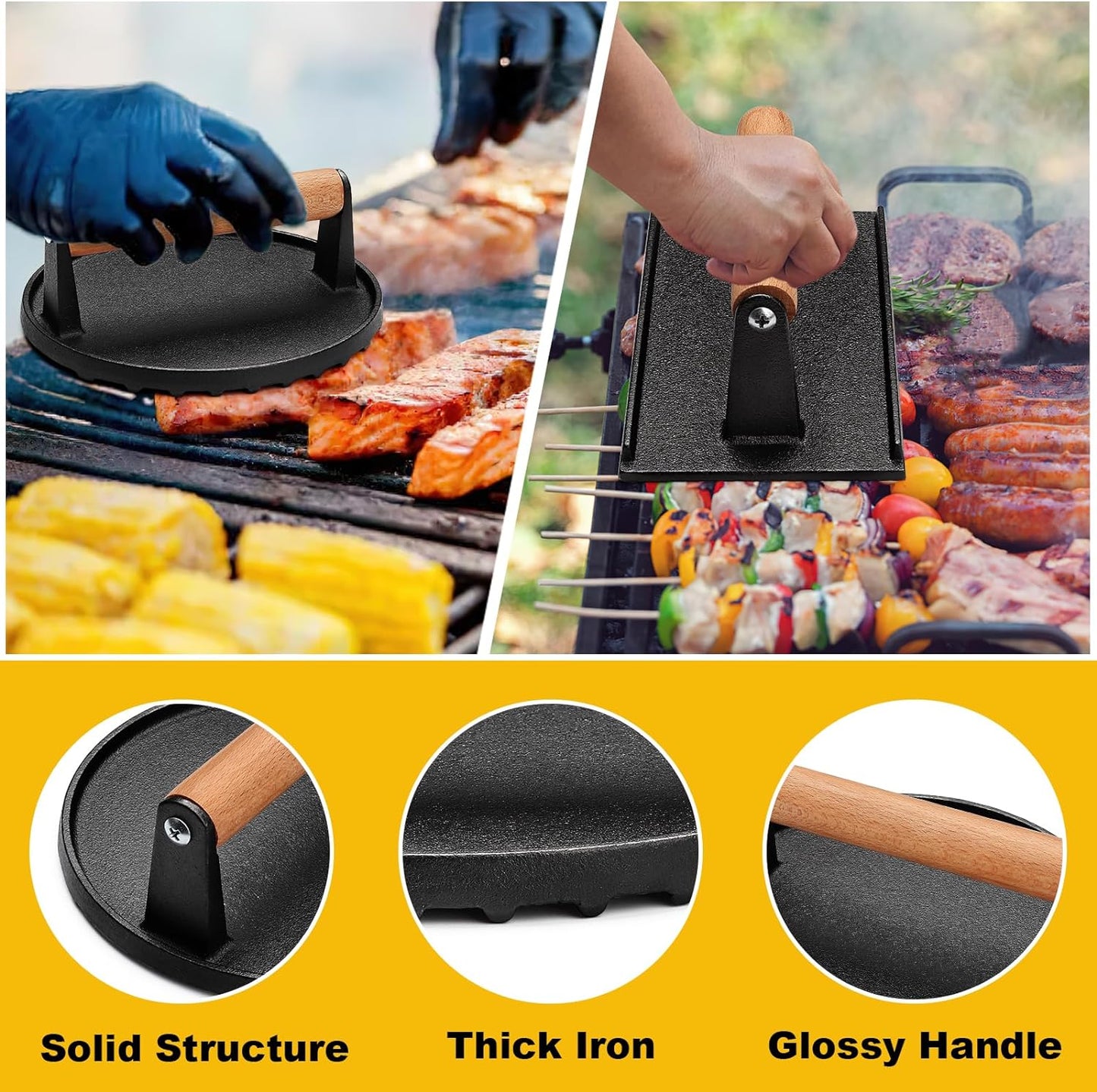 AIVIKI Burger Press, Smash Burger Press for Blackstone Griddle, Heavy Duty Cast Iron round 6.9In & Rectangular 8.2X4.2In Bacon Grill Press with Wood Handle, Meat Steak Weight for Sandwich, Paninis